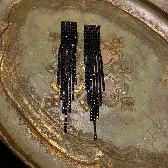 BLACK RHINESTONE CRYSTAL DANGLE 80S 90S - Picture 7 of 13